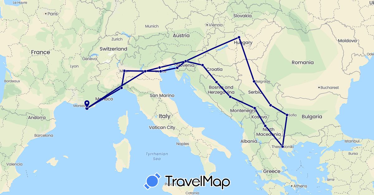 TravelMap itinerary: driving in Bosnia and Herzegovina, Bulgaria, France, Greece, Croatia, Hungary, Italy, Macedonia, Serbia, Slovenia (Europe)